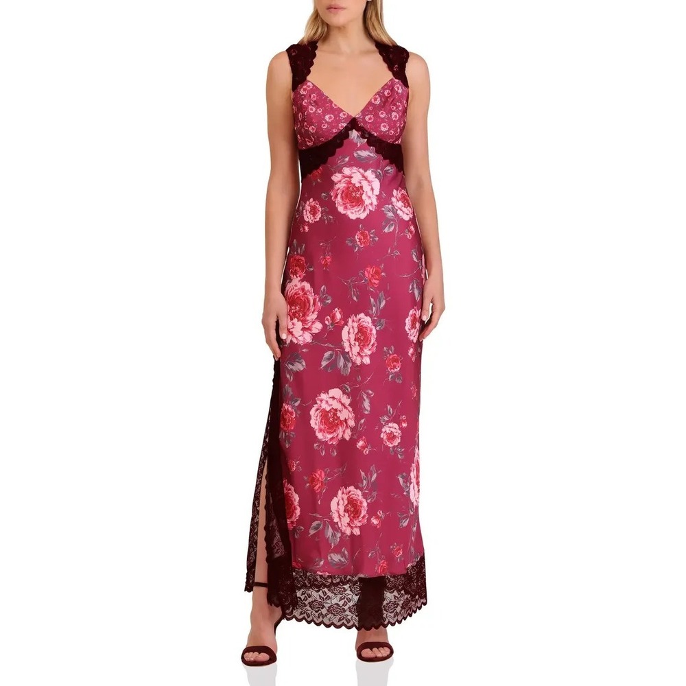 Avec Les Filles Floral Lace Maxi Dress Women's 14 Burgundy Satin Slip Gown